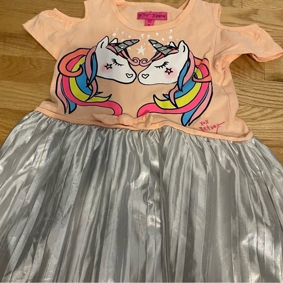 Betsey Johnson Unicorn Dress Sz 10 Cold Shoulder Peach Silver Pleated Kids Girls - Picture 4 of 9